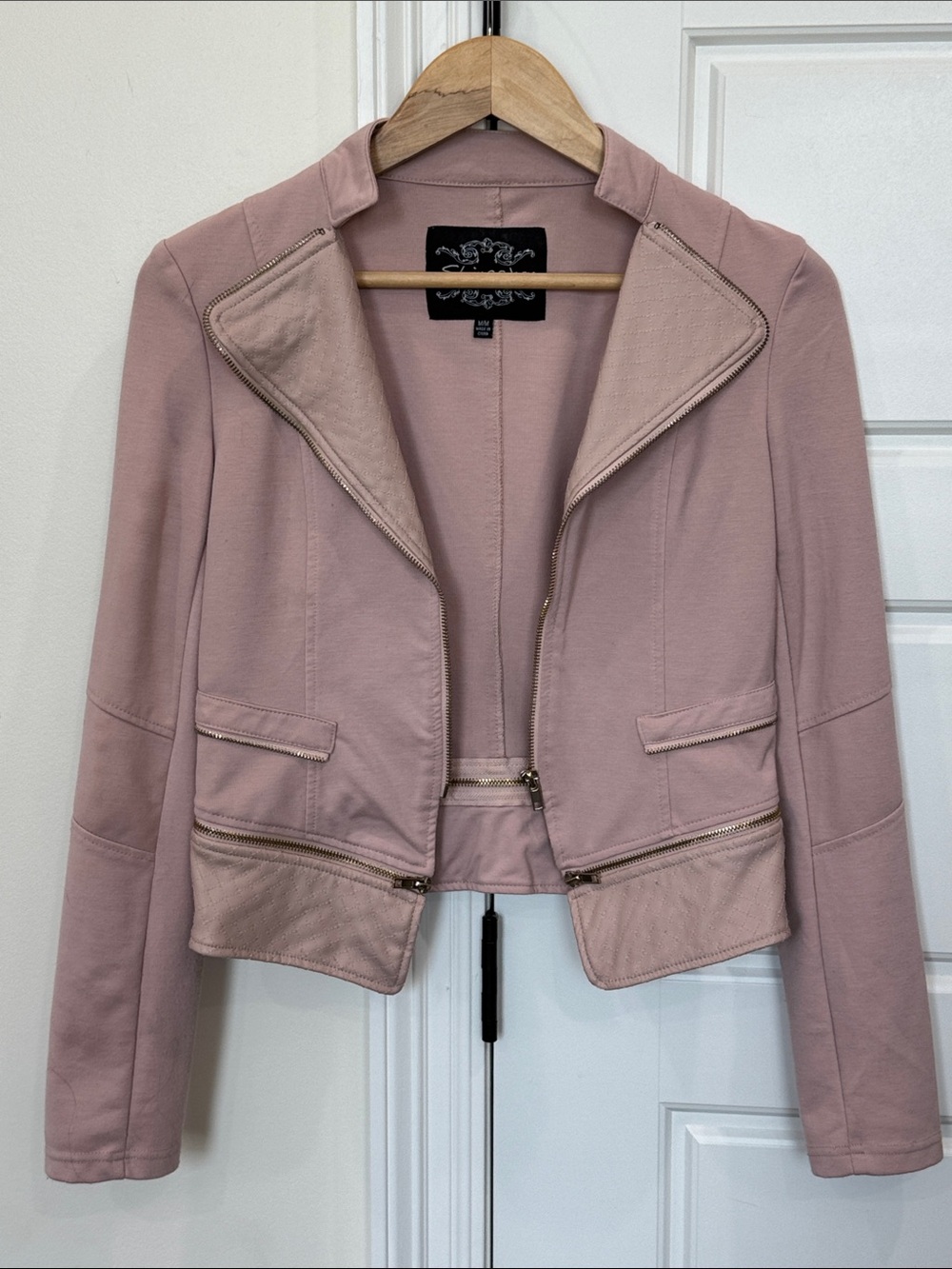 Women’s Blush Pink Open Front Blazer Jacket Vegan Leather Trim Edgy Style Zipper